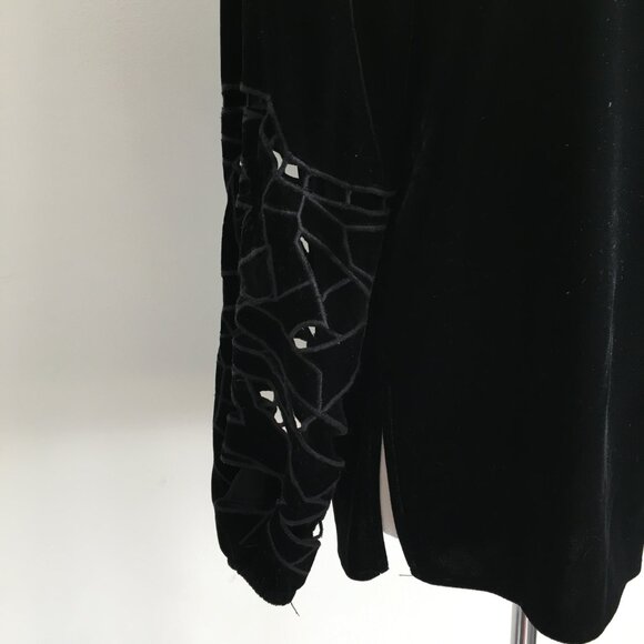JOIE Black Velvet/Velour Perforated Cut Out Long Sleeve Slit Hem Shirt - Picture 7 of 10